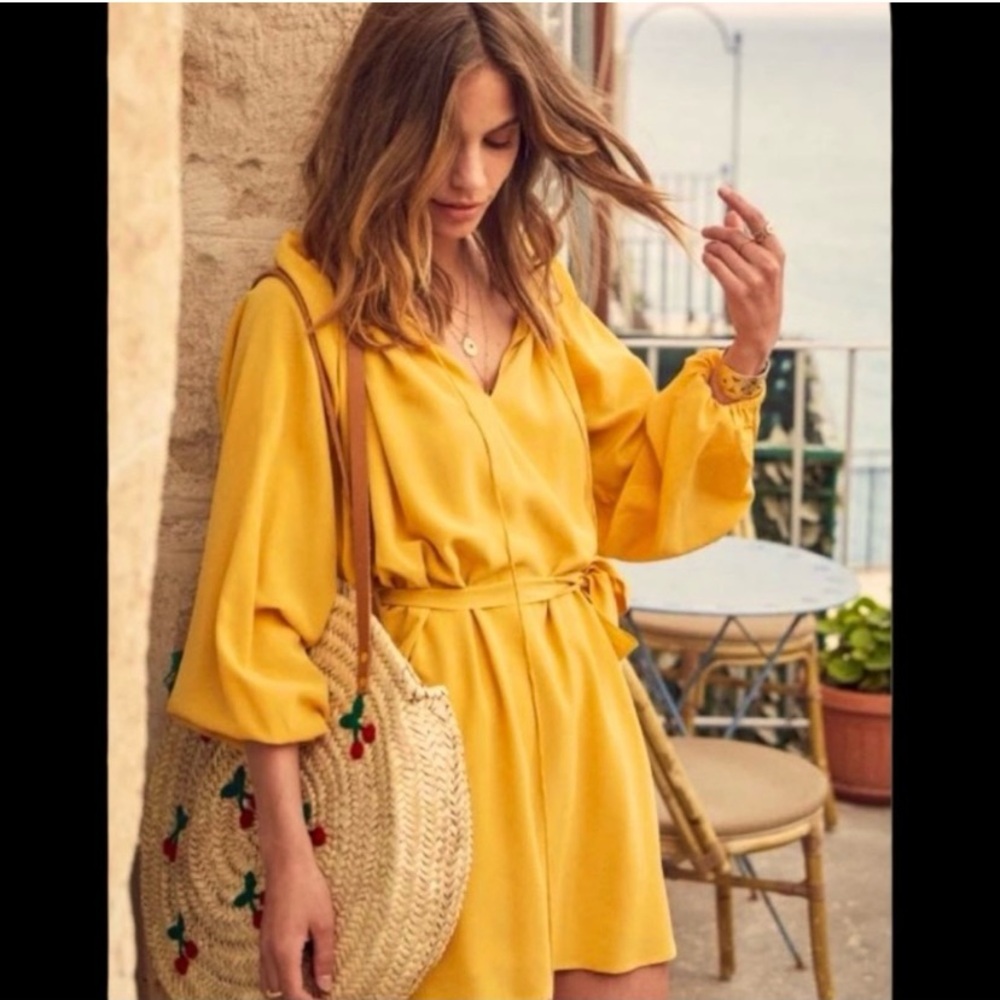 Elegant Sezane 100% silk Mustard Yellow Peasant Flowy SummerDress